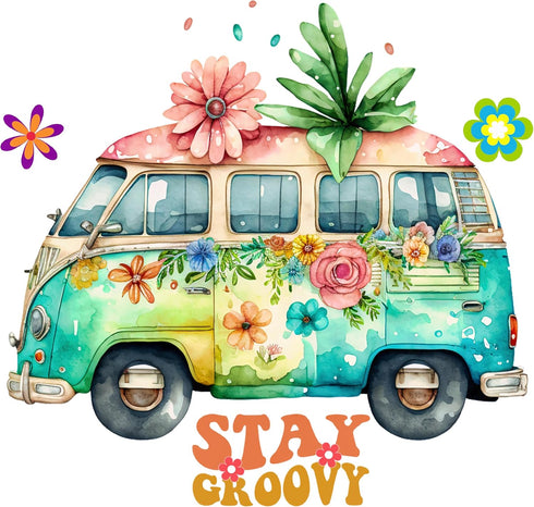 Fabric Panel 14"x14" Hippie Van Stay Groovy 100% Cotton Quilting Panel Square AM1448...