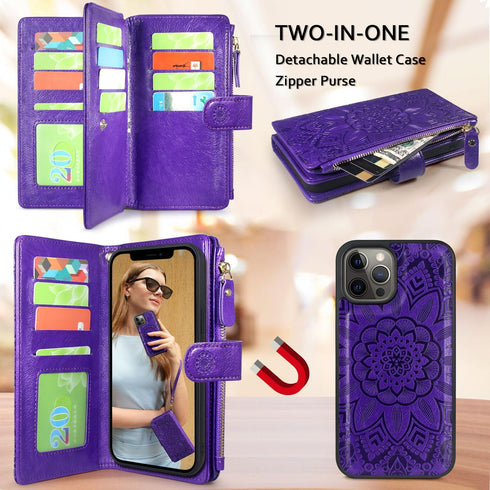 Harryshell Compatible with iPhone 12 Pro Max 6.7 Case Wallet Detachable Magnetic Zipper Leather Cash Pocket 12 Card Slots Holder Wrist Strap (Flor...