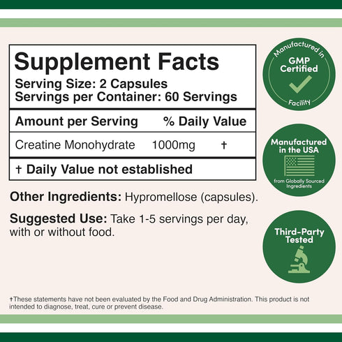 Creatine Pills 1,000mg Per Serving (120 Creatine Capsules) Micronized Creatine Monohydrate Powder with No Fillers, Vegan Safe, Non-GMO, Gluten Fre...