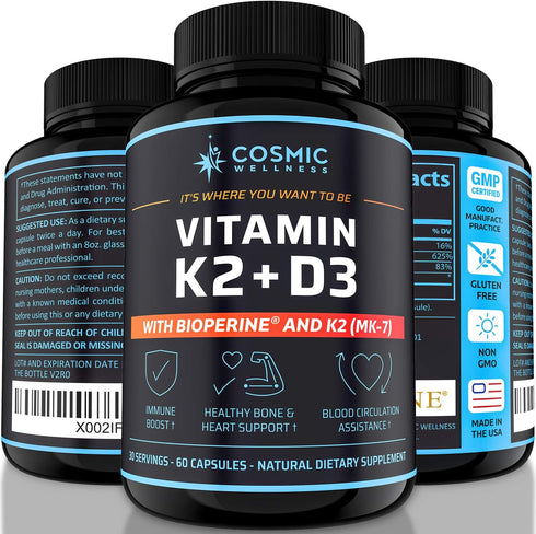 K2 D3 Vitamin Supplement 5000 Iu - For Healthier Bones, Blood, Heart, And Better Immunity - Enhanced Calcium Absorption With Bioperine - 100% Natu...