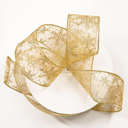 CT CRAFT LLC Organza with Gold Glitter Snowflakes Wired Ribbon 2.5 inch x 50 Yards for Christmas Home Decor Tree Topper Bow Gift Wrapping DIY Craf...