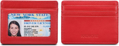 womens Credit Holder Genuine Leather Slim Minimalist Card Case Wallet, Red With Id Window, Classic US...