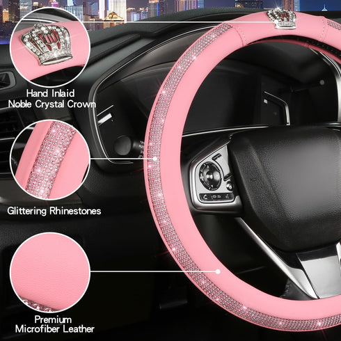 Cute Pink Steering Wheel Cover - Soft Leather Bling Car Steering Wheel Covers for Women & Girls with Sparkly Diamond, 15 inch Car Accessory Wheel ...