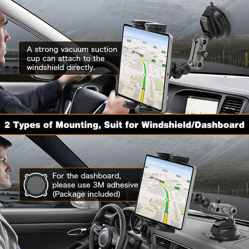 Aluminum Heavy Duty Tablet Mount for Car/Truck, 360° Adjustable 2-stage Tablet Stand Holder for Commercial Vehicle Dashboard Windshield, Compatibl...