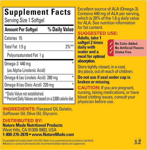 Nature Made Triple Omega 3 6 9, Flaxseed, Safflower, & Olive Oils, Healthy Heart Support, Fish Free Omega 3 Supplement, 150 Softgels, 75 Day Suppl...