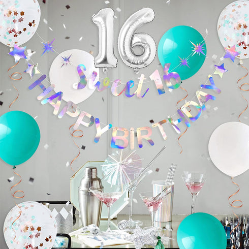Iridescent Happy Birthday Banner Garland for Sweet 16 Decorations and Signs - 16th Birthday Party Sign for Sweet Sixteen Party Supplies...