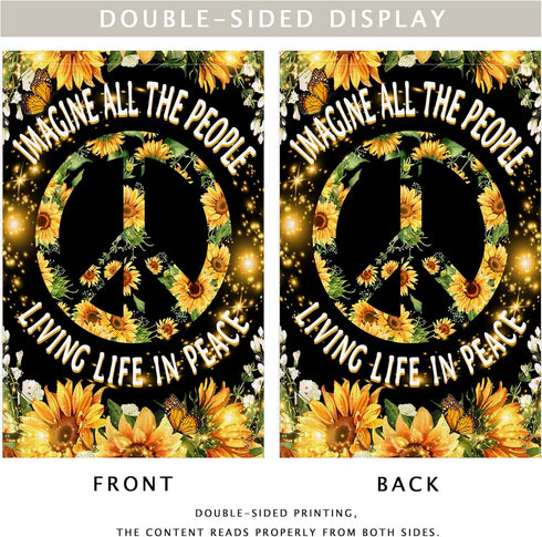 Hippie Sunflower Garden Flag Double Sided 12Wx18L Inch Imagine All The People Living Life in Peace Flag Positive Quotes Small Vertical Yard Flag f...