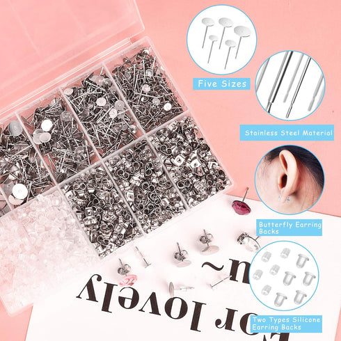 VERACT Earring Posts and Backs, 2000Pcs Hypoallergenic Earring Studs for Jewelry Making Kit and Butterfly Earring Backs and Rubber Earring Backs w...
