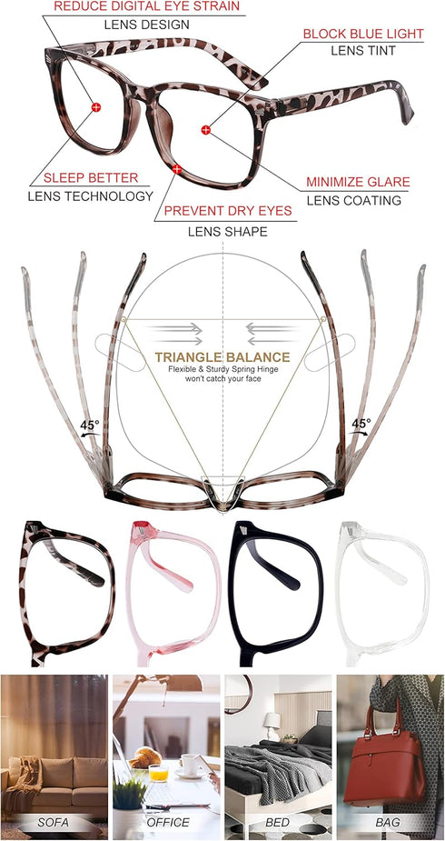 4 Packs Reading Glasses 1.0 for Women Blue Light Blocking Square Computer Readers 1.00 1.25 1.5 1.75 2.0 2.25 2.5 2.75 3.0 3.5 4.0 5.0 6.0...