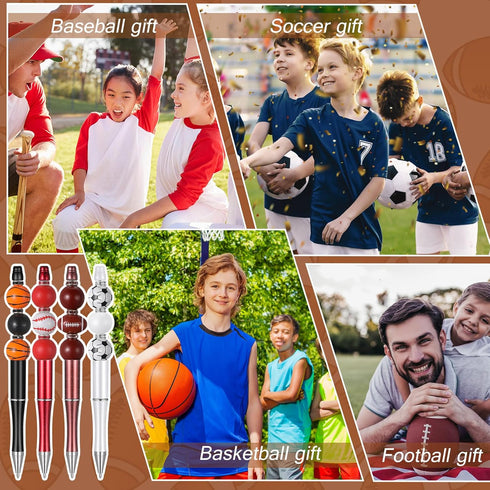 16 Set Sports Bead Pens Bulk DIY Beadable Pens Making Kit Plastic Assorted ball Beads Crystal Spacer Wood Ballpoint Pen with Black Refills Pen Bag...