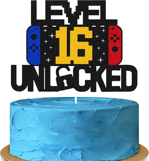Level 16th Unlocked Sign Cake Topper Happy 16th Birthday Level Up Sixteenth Cake Decorations for Video Game Controller Themed Kids Boy Girl Bday P...