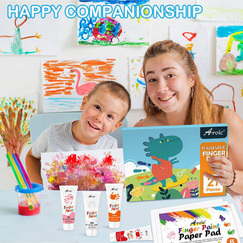 27PCS Kids Washable Finger Paint Set, Non Toxic Finger Paints 8 Colors, Finger Paint Paper, Brushes, Sponges, Art Painting Supplies for Toddlers,F...