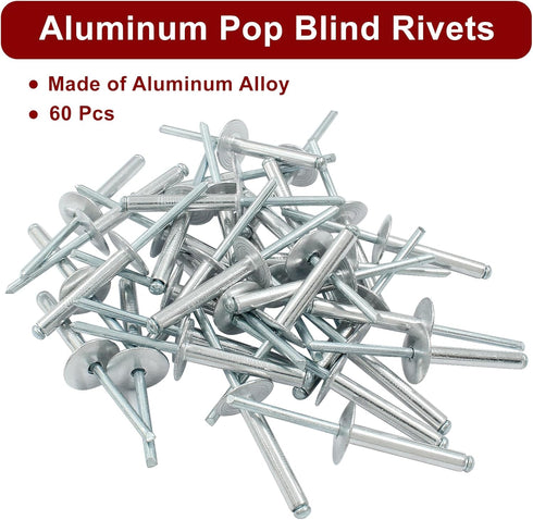 60 Pcs 3/16" x 1-1/4" Large Flange Aluminum Blind Rivets Dome Head Pop Rivets for Installing Accessories, Silver...