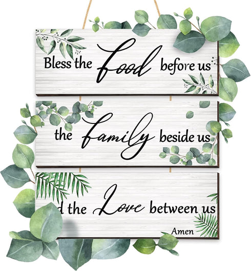 Maitys 3 Pieces Eucalyptus Greenery Wooden Wall Sign Bless Family Food Love Plaque Botanical Leaf Wall Art Green Leaves Rustic Porch Decor Farmhou...