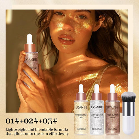 UCANBE 3 Pcs Face Body Glitter Liquid Highlighter Illuminator Dewy Drops with Makeup Brush, Makeup Sparkle Shine Luminizer Enhancer Body Shimmer T...