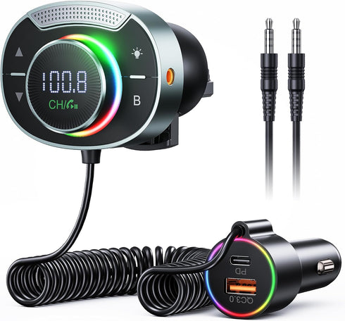 Bluetooth FM Transmitter Car - SOOMFON Bluetooth 5.3 Car Adapter with Big Mic Bass Stereo Hi-Fi Sound, PD30W QC18W FM Bluetooth Transmitter Car Ch...
