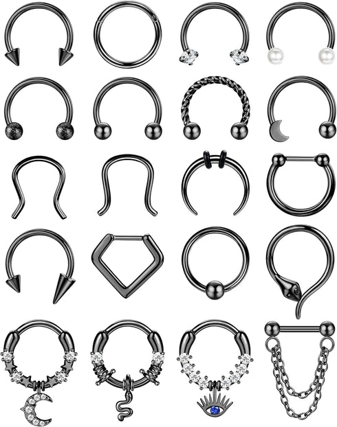 Besteel 20PCS Septum Rings 16G Hypoallergenic Surgical Steel Hinged Clicker Nose Rings Hoops for Women Men Cute CZ Dangle Horseshoe Lip Helix Trag...