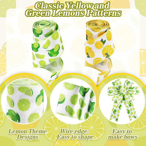 Whaline 2 Rolls Summer Lemon Wired Edge Ribbon 12 Yard Yellow Green Lemon Pattern Ribbon Summer Spring Fabric Decorative Craft Ribbon Roll for Gif...