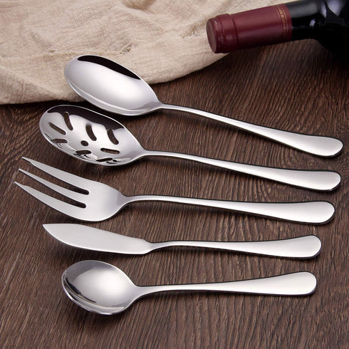 5-Piece 18/0 Stainless Steel Serving Set,Large Hostess Set with Round Edge,Mirror Finished,Dishwasher Safe -Spoons, Forks,Butter Knife& Slotted Sp...