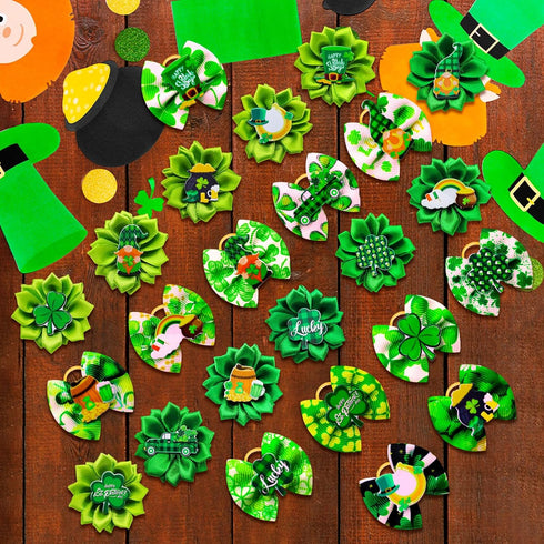 80pcs St.Patrick's Day Dog Bows, Holiday Pet Samll Dog Hair Grooming Bows with Rubber Bands, St.Patrick's Day Green Lucky Clover Element Dog Hair ...