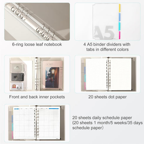 CAGIE A5 Binder 6 Ring Binder Notebook with Dividers Refillable Planner Binder with Pockets, A5 Refill Paper Include Planning Square Ruled and Dot...