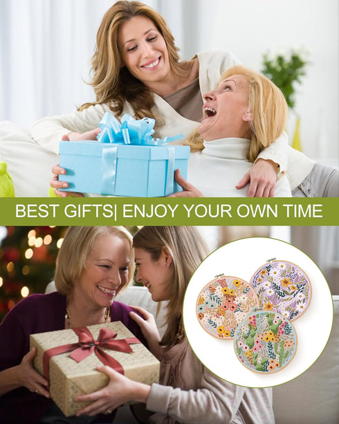 Santune 3 Sets Embroidery Kit,Cross Stitch Kits for Beginners,Needlepoint Kits for Adults with Easy Stamped Flower Pattern Fabric Hand Crafts,Hoop...