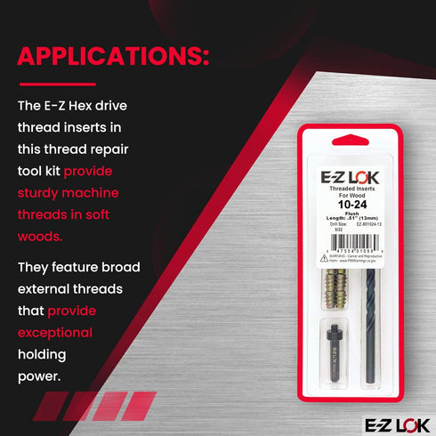 E-Z Hex Thread Repair Kit for Soft Wood Flush Threaded Inserts 10-24 x 13mm, Drill, Installation Tool...