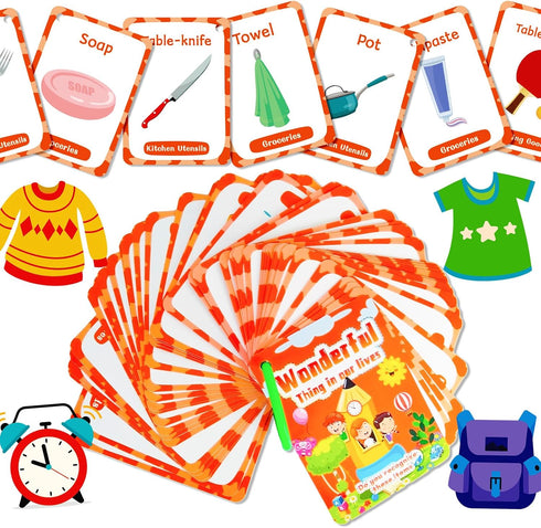 50 Everyday Objects Awareness Flashcards for Kids,Waterproof Daily Necessity Education Cards, Children's Educational Card, Double-Sided Fun Educat...
