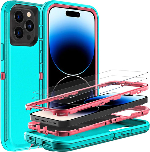 for iphone 14 Pro Max Case, Military Grade 3 in 1 Heavy Duty Shockproof/Drop Proof/Dust Proof Case with 2Pcs Tempered Glass Screen Protector (Aqua...