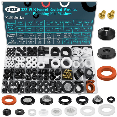 233 Pcs Plumbing and Faucet Washers Assortment Kit for Assorted Spigot Water Hose Bib Outside Garden faucet Splitter Gasket Leak Plumbes Valve Ste...
