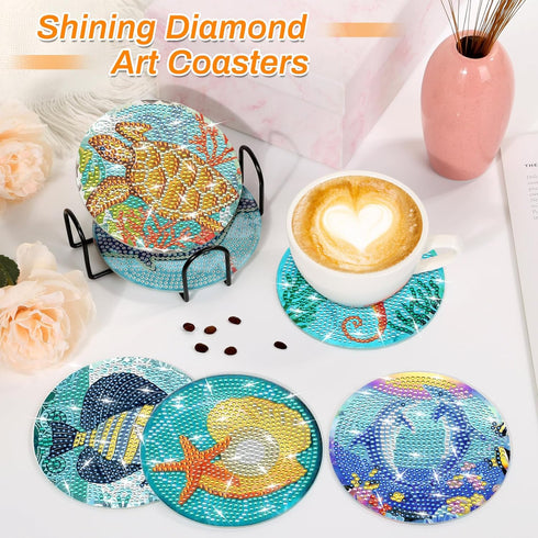 8 Pieces Diamond Art Painting Coasters Kit with Holder, Diamond Art Coasters, DIY Diamond Art Crafts Projects, Diamond Dot Kits for Adults and Beg...