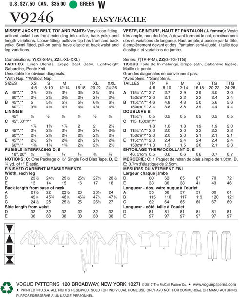 Vogue Patterns V9246 Misses' Drop-Shoulder Jackets, Belt, Top with Yokes, and Pull-On Pants Sewing Pattern, Size ZZ (LRG-XLG-XXL)...