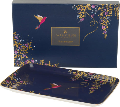 Portmeirion Sara Miller Chelsea Trinket Tray - 7.4 Inch Fine China Tray with 22 Karat Gold, Hummingbird Design in Dark Blue for Cheese Board - Dec...