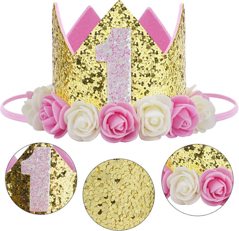 Baby Birthday Crown, Princess Crowns Tiara Girls Party Hat With Gold Glitter and Pink Roses for Birthday Party Decorations...