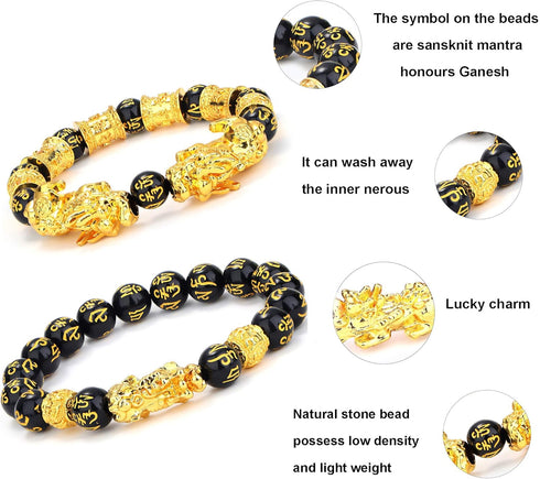 Udalyn 4 Pcs Feng Shui Black Obsidian Wealth Bracelet for Men Women Good Luck Charms Bead Bracelets Attract Wealth Money Adjustable Mens Pixiu Bra...