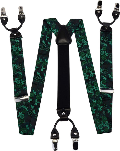 GUSLESON Adjustable Plaid Floral 6 Clips Y Shape Suspenders Pre-tied Bow Tie and Pocket Square Set with Gift Box...