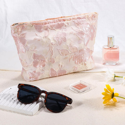Flower Makeup Bag Travel Large Floral Cosmetic Bags for Women Cute Makeup Pouch Zipper Cosmetic Pouch for Purse Embossed Pink Aesthetic Makeup Org...