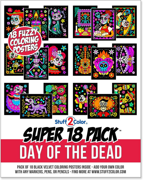 Super Pack of 18 Fuzzy Velvet Coloring Posters (Kids Themed - Day of the Dead) - Halloween and Dia de Los Muertos Coloring Crafts Activity for Tod...