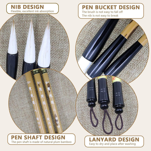 3 Sizes Chinese Writing Brushes, Chinese Calligraphy Brush Set, Chinese Painting Ink Brushes with Bamboo Pen Holder, Traditional Chinese Art Sumi ...