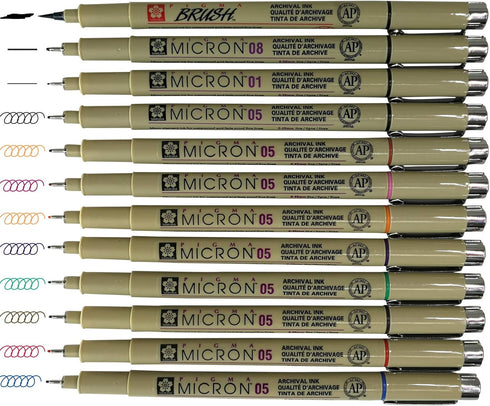 Sakura Pigma Micron pens 12 Fineliner Drawing Set (05 Assorted Color with Black Brush, 08, 01 & 05)...
