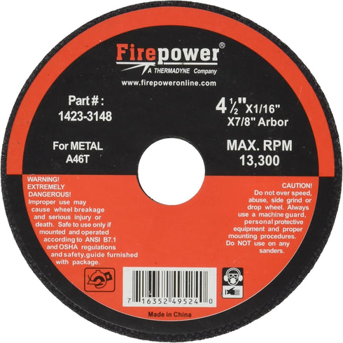 Firepower 1423-3184 Type 1 Abrasive Cut-Off Wheel for Metal, 4-1/2-Inch Diameter, 1/16-Inch Width with 7/8-Inch Hole, 5-Pack...
