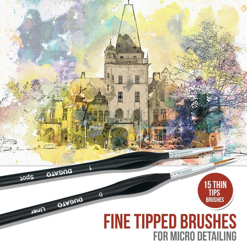 DUGATO Fine Detail Paint Brush Set (15pc) - Miniature Brushes with Ergonomic Triangular Handles & Travel Case for Acrylic, Watercolor, Oil, Models...