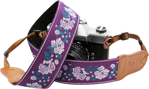 Padwa Lifestyle Purple Flowers Embroidered Camera Strap - Double Layer Cowhide Ends,2" Cotton Vintage Camera Straps, Adjustable Neck & Shoulder St...