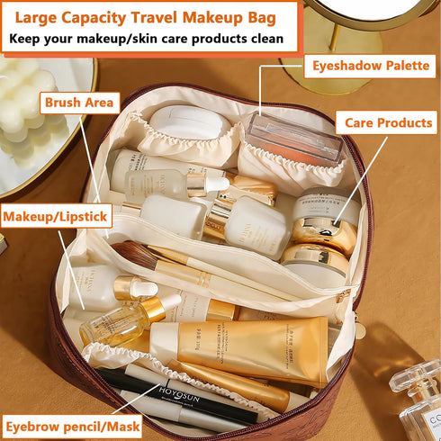 Travel Makeup Bags Cosmetic Organizer Case, Large Capacity Toiletry Bag for Women, PU Leather Waterproof Portable Makeup Pouch, Flat Lay Make Up O...