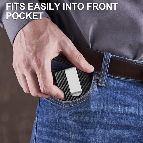 Slim Wallet for Men with Money Clip and Credit Card Holder, RFID Blocking Carbon Fiber Wallet,Minimalist Pop-Up Metal Front Pocket Wallet. (Black)...