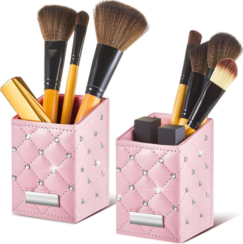 2 Pcs Makeup Brush Holder Crystal Bling Brushes Cup PU Leather Waterproof Glitter Makeup Holder for Women Girls Travel Cosmetic Storage Organizer ...