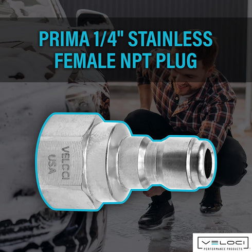 Veloci Prima 1/4" Stainless Steel Female NPT Quick Coupler Plug for Pressure Washers, Spray Wands, and Washing Attachments, Quick Disconnect Fitti...