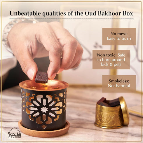 Oud Al Ibtisam Bakhoor Set by Dukhni | 2 x 9 Piece Each & Taj Bakhoor Burner | Arabic Bakhoor Incense | Warm Floral Oud Blend | Perfect for Prayer...