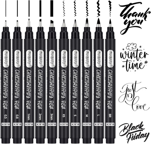 PANDAFLY Calligraphy Pens, 10 Size Calligraphy Pens for Writing, Hand Lettering, Art Drawing, Sketching, Scrapbooking, Journaling, Calligraphy Bru...