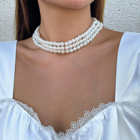 Pearl Choker Necklace Layered Pearl Strand Necklace Costume Accessories Toggle Clasp Necklace for Women (Gold)...